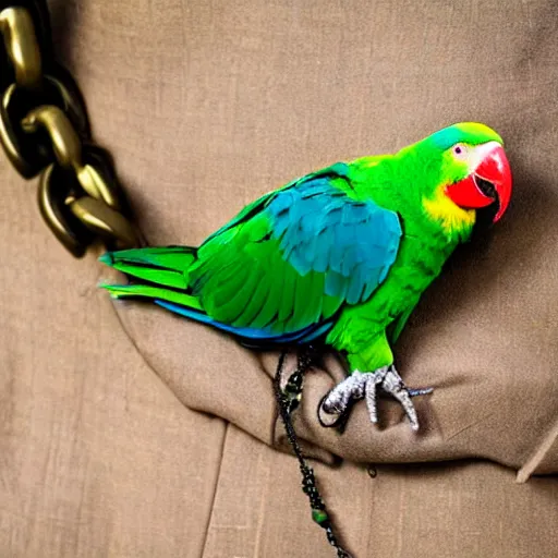 Prompt: a photo of a green parrot with a chain necklace around it's neck, the parrot is wearing the chain necklace around his neck, ultra high detail, 8 k.