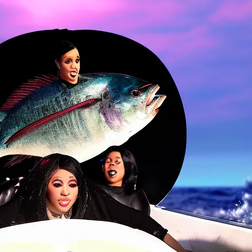 Image similar to cinematic shot of Cardi B riding on the back of a giant tuna fish in the ocean, bright lighting, 8k, very intricate, very detailed,