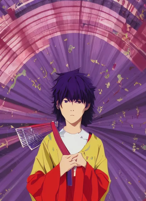 Prompt: teenager boy with straight indigo hair, purple eyes with red eye markers, slim body, wearing a detailed Japanese kimono, holding a japanese fan. rich vivid colors, ambient lighting, dynamic lighting, 4k, official media, anime key visual, makoto shinkai, ilya kuvshinov, lois van baarle, rossdraws, detailed, trending on artstation