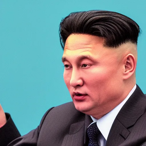 Image similar to 35mm photo of kim jong putin. highly detailed 8k, high quality, nikon d850