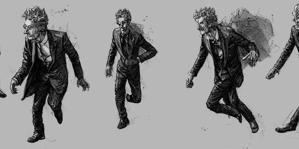 Prompt: cartoonish peter capaldi running away, character sheet, fine details, concept design, contrast, kim jung gi, greg rutkowski, trending on artstation, 8 k, full body, turnaround, front view, back view, ultra wide angle