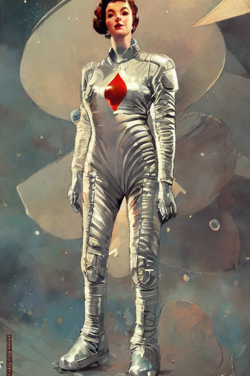 Prompt: pulp scifi fantasy illustration full body portrait of elegant strong woman wearing latex spacesuit, by norman rockwell, jack kirby, bergey, craig mullins, ruan jia, jeremy mann, tom lovell, 5 0 s, astounding stories, fantasy