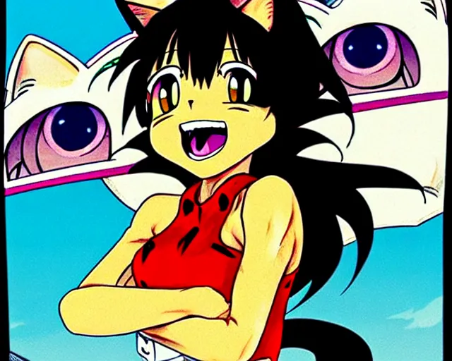 Image similar to high - quality anime catgirl in ratfink style by ed roth, crazy bulging eyes janky teeth riding in a hot rod, road rage, inspired by naoko takeuchi 8 0 s bishoujo anime, vhs filter