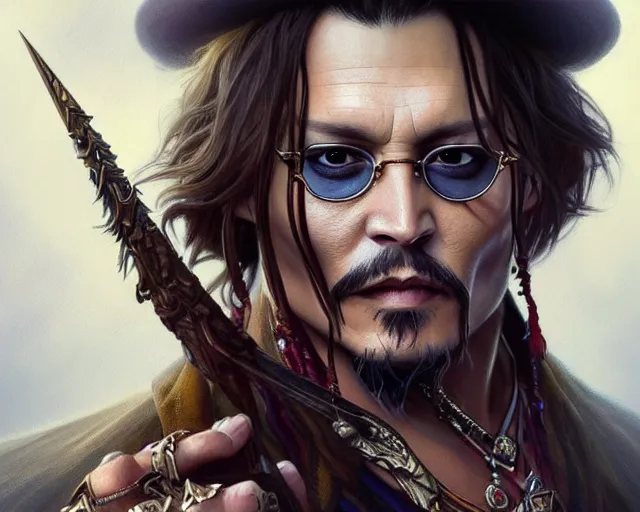 Image similar to photography of johnny depp, deep focus, d & d, fantasy, intricate, elegant, highly detailed, digital painting, artstation, concept art, matte, sharp focus, illustration, hearthstone, art by artgerm and greg rutkowski and alphonse mucha