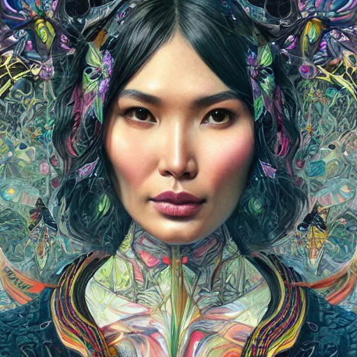 Image similar to portrait of gemma chan, hyper detailed masterpiece, neon floral pattern, jean giraud, digital art painting, darkwave goth aesthetic, psychedelic, artgerm, donato giancola and tom bagshaw