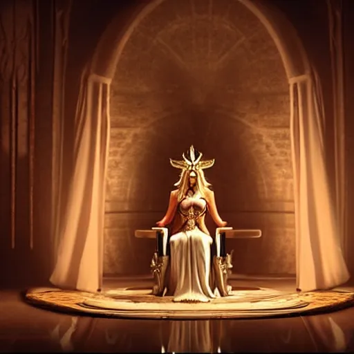 Prompt: cinematic scene with elisha cuthbert in a throne room dressed as the goddess of war, dramatic, small details, volumetric lighting