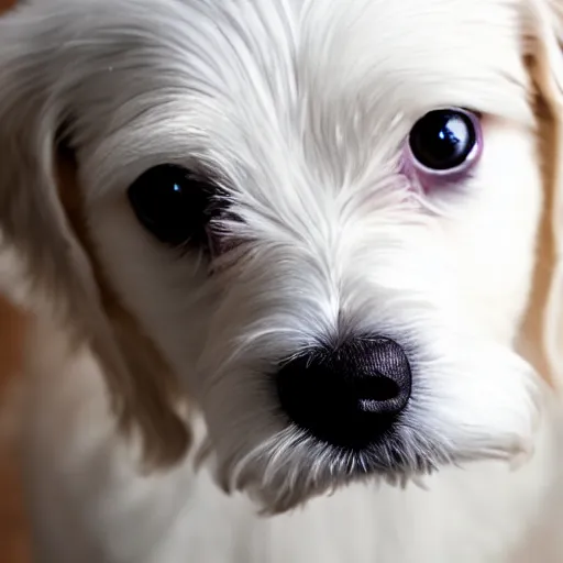 Image similar to photo of white maltese puppy dog staring into camera, photorealistic