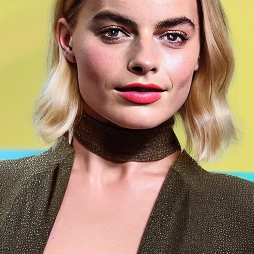 Prompt: a woman who is a genetic combination of margot robbie and emma watson face and upper - body focus