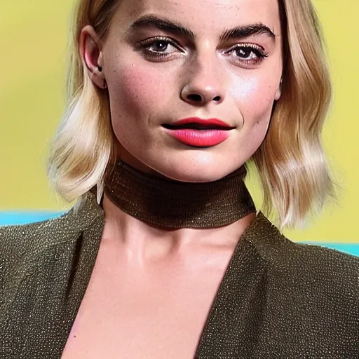 Image similar to a woman who is a genetic combination of margot robbie and emma watson face and upper - body focus