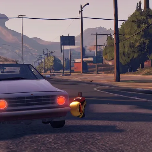 Image similar to a screenshot of GTA V with mario driving a car