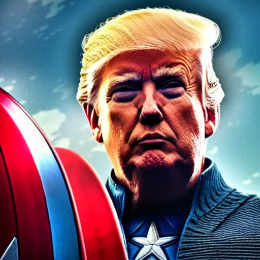 Prompt: Donald Trump as Captain America. Movie still frame. 4K UHD.