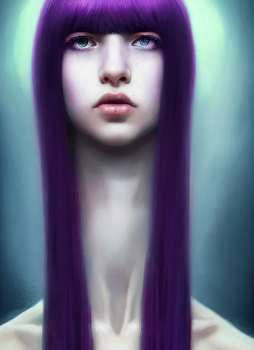 Image similar to hair whitebangs hair, black hair, whitebangs, portrait of teenage girl with white bangs, red irises, purple clothes, white bangs, bangs are different color from hair, intricate, elegant, glowing lights, highly detailed, digital painting, artstation, concept art, smooth, sharp focus, illustration, art by wlop, mars ravelo and greg rutkowski