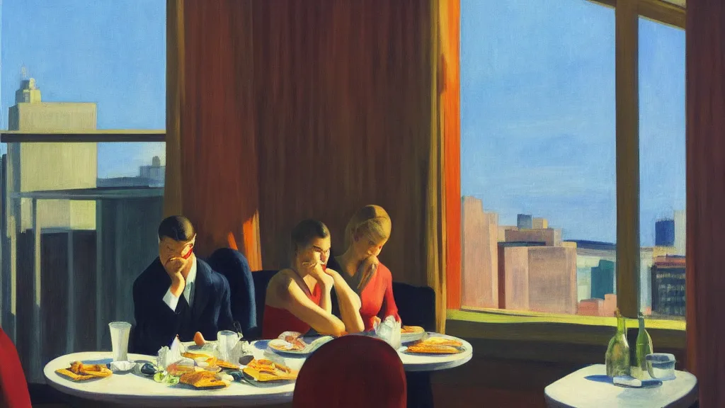 Prompt: 911 terrorist attacks as seen from the window of a luxury hotel while a couple eats breakfast, by Edward Hopper, high-resolution