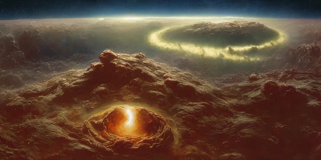 Image similar to supernova, planet with a spaghetti like ground surface, panoramic view, sky, stars, painted by steve mccurry, ruan jia, raymond swanland, lawrence alma tadema, zdzislaw beksinski, norman rockwell, jack kirby, tom lovell, alex malveda, greg staples