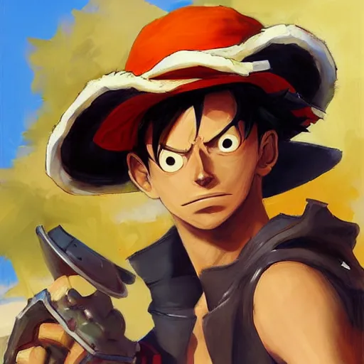 Image similar to greg manchess portrait painting of luffy as overwatch character, medium shot, asymmetrical, profile picture, organic painting, sunny day, matte painting, bold shapes, hard edges, street art, trending on artstation, by huang guangjian and gil elvgren and sachin teng
