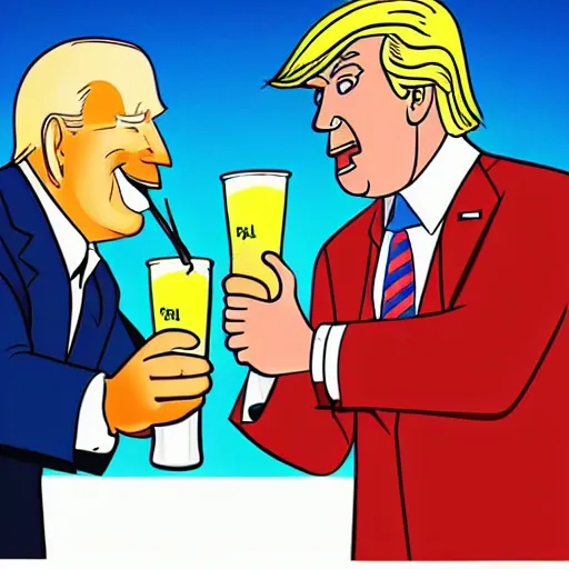 Prompt: cartoon drawing of Biden and Trump together drinking a caipirinha with Rio de Janeiro on the background, cute, cartoon, Disney, friendly, detailed