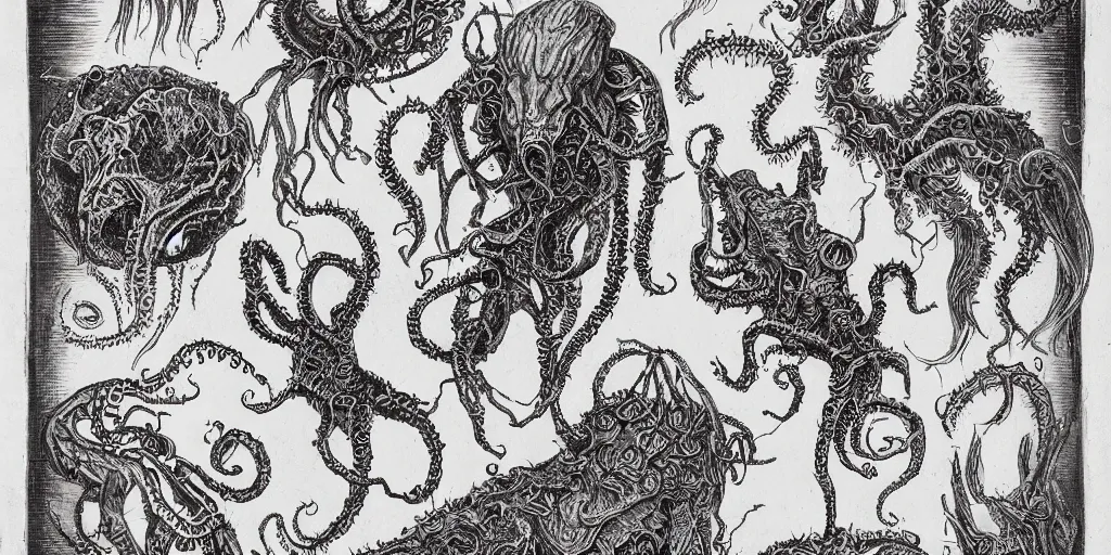 Image similar to detailing reference sheet of lovecraftian unnamed creatures in the style of copper plate etching