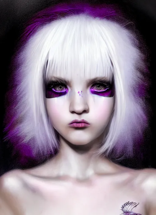 Image similar to hair whitebangs hair, white cyberlox, portrait of normal teenage girl, normal face, black bangs, messy bangs, fluffy bangs, cyberlox, whitebangs, red contact lenses, purple background, intricate, elegant, highly detailed, digital painting, artstation, concept art, sharp focus, smooth, illustration, art by wlop, mars ravelo and greg rutkowski