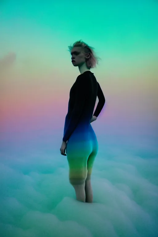 Image similar to high quality pastel coloured film close up wide angle photograph of a model wearing clothing swimming on cloud furniture in a icelandic black rock!! environment in a partially haze filled dreamstate world. three point light, rainbow. photographic production. art directed. pastel colours. volumetric clouds. pastel gradient overlay. waves glitch artefacts. extreme facial clarity. 8 k. filmic.