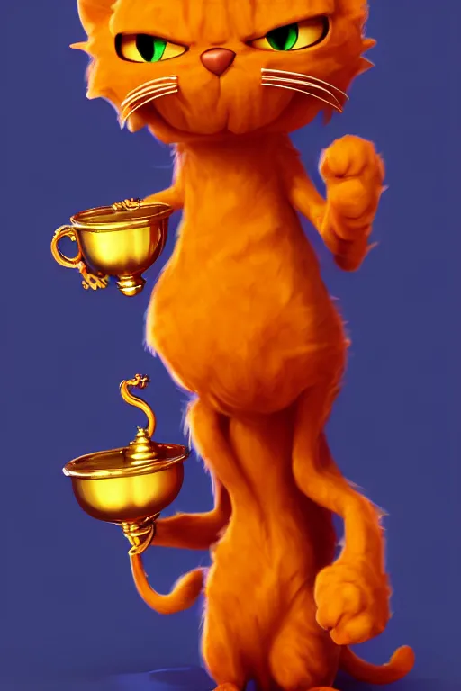 Image similar to fullbody!! personification of garfield the cat garfield god holding a blood chalice, stunning, garfield cat face, hyperrealistic, trending on artstation, smooth and sharp, intricate, highly detailed, elegant, professional character concept art by tatyana kupriyanova