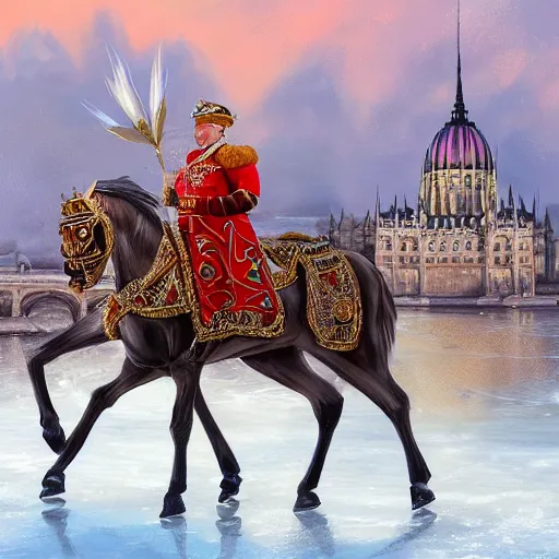 Image similar to an extremely realistic portrait depicting the coronation of hungarian prime minister viktor orban dressed in royal national costume, on the frozen danube, detailed, intricate, elegant, fat, highly detailed, digital painting, artstation, concept art, smooth, sharp focus, illustration,