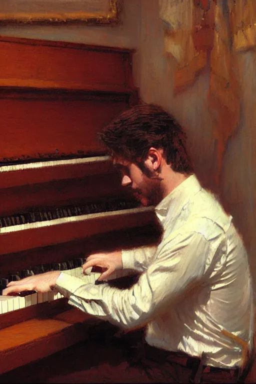 Image similar to attractive man, playing piano, painting by gaston bussiere, craig mullins