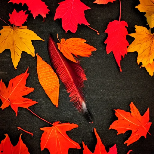 Prompt: autumn leaves, feathers, hearts