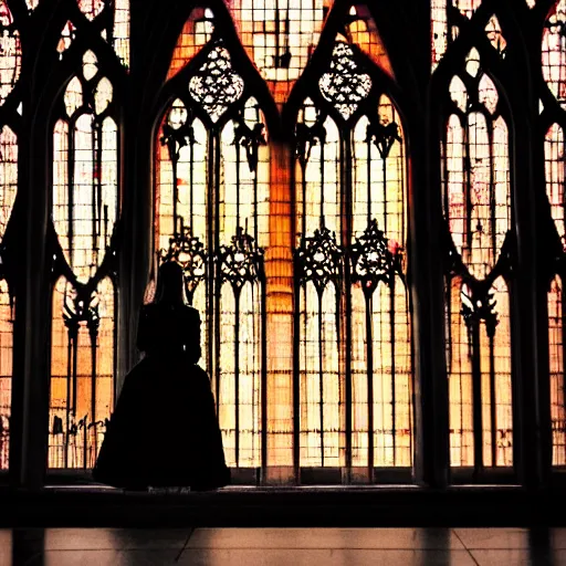 Image similar to 2 4 mm architectural shot gothic girl dressed in black, behind her a gothic cathedral, dramatic lights, dark ambients, the windows of the cathedral are reflecting red flame lights, golden hour, detailed face, intricate ornaments