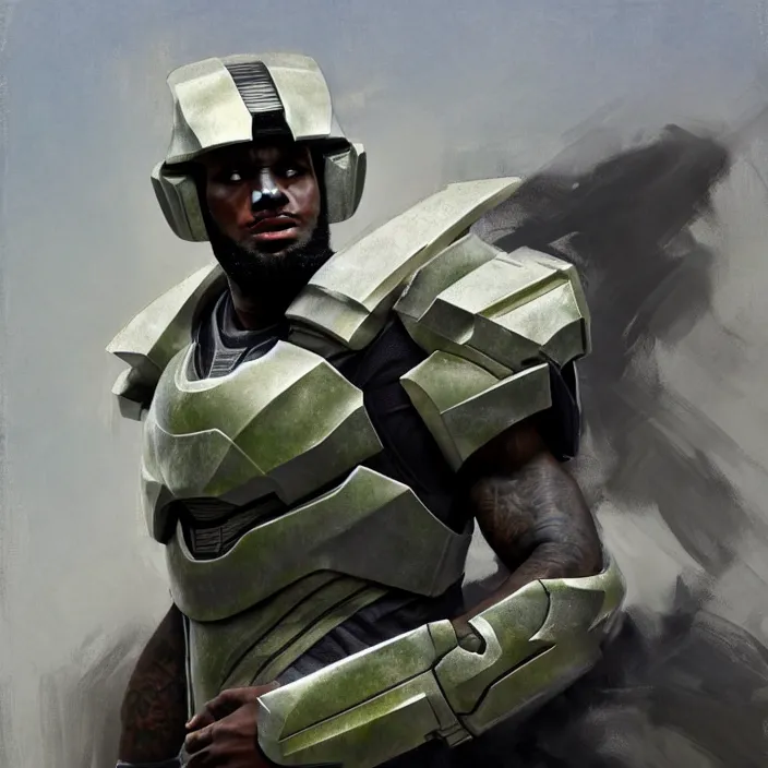 Image similar to LeBron James wearing Forerunner armor from Halo, countryside, calm, fantasy character portrait, dynamic pose, above view, sunny day, thunder clouds in the sky, artwork by Jeremy Lipkin and Giuseppe Dangelico Pino and Michael Garmash and Rob Rey and Greg Manchess and Huang Guangjian, very coherent asymmetrical artwork, sharp edges, perfect face, simple form, 100mm