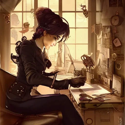 Prompt: a steampunk detective woman sitting in her office writing on a piece of paper | | cute - fine - face, pretty face, fine details by stanley artgerm lau, wlop, rossdraws, james jean, andrei riabovitchev, marc simonetti, and sakimichan, trending on artstation