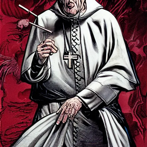 Image similar to The Pope Smoking ,dc comics, dark, intricate, highly detailed, smooth, artstation, digital illustration by Jim Lee and Brian Bolland
