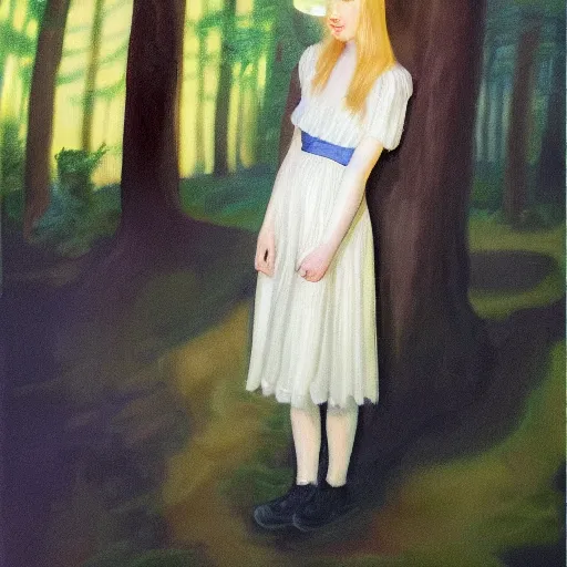 Image similar to Painting of Elle Fanning lost in the dark woods with a flashlight, long blonde hair, delicate, pale milky white porcelain skin, by Edward Hopper. 8K. Extremely detailed.