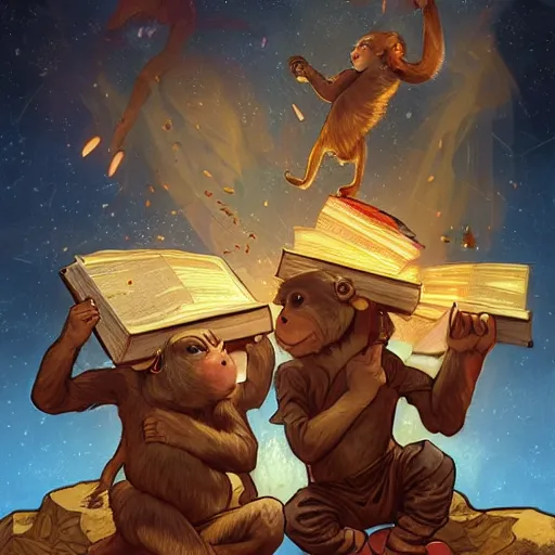 Image similar to [two monkeys throwing books in a bonfire, behind them space rockets are taking off. propaganda, closeup, D&D, intricate, elegant, highly detailed, digital painting, artstation, concept art, matte, sharp focus, illustration, art by Artgerm and Greg Rutkowski and Alphonse Mucha and Enki Bilal]