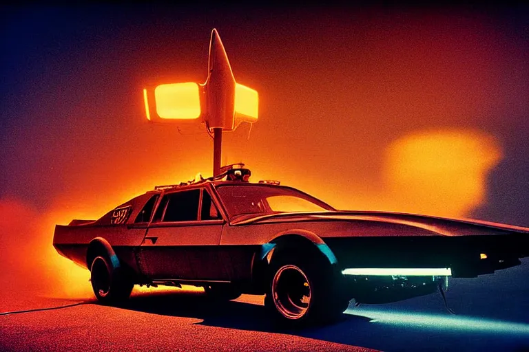 Prompt: stylized poster of mad max's pursuit special, the last v 8 interceptor, thick neon lights, ektachrome photograph, volumetric lighting, f 8 aperture, cinematic eastman 5 3 8 4 film