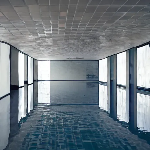 Image similar to photo of a vast interior space of irregular rooms and corridors, bizarre architecture. ceramic white tiles on all the walls. the floor is flooded with shallow water.