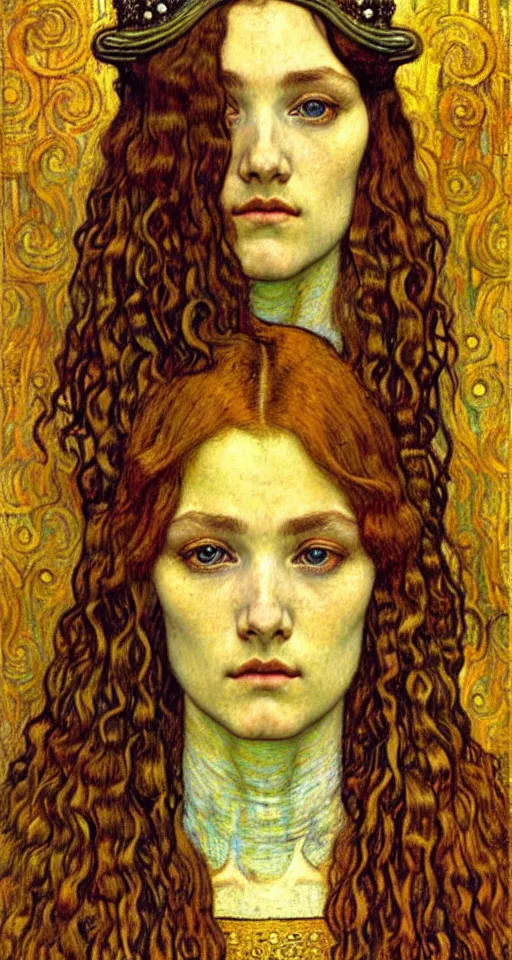 Image similar to detailed realistic beautiful young medieval queen face portrait by jean delville, gustav klimt and vincent van gogh, art nouveau, symbolist, visionary, gothic, pre - raphaelite, muted earthy colors, desaturated