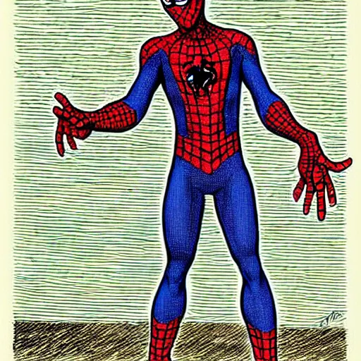 Image similar to The Artwork of R. Crumb and his Cheap Suit Italian Spiderman, pencil and colored marker artwork, trailer-trash lifestyle