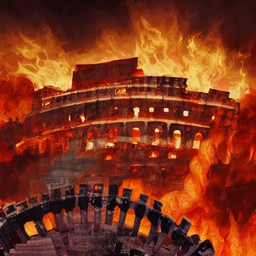 Prompt: Painting of the great fire of rome,abstract. realism, 8k, detailed, terror, octane render