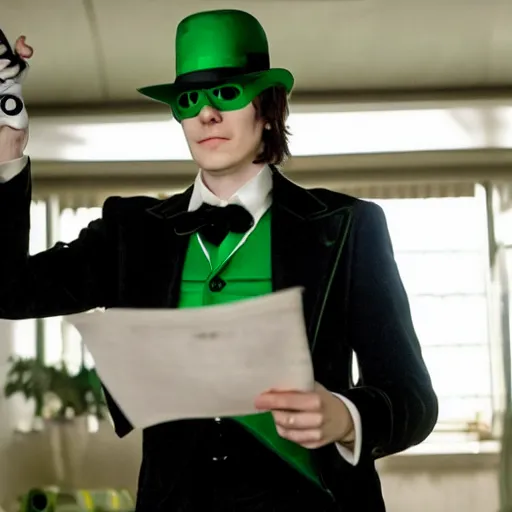 Image similar to film still of Paul Dano as Riddler in a new Batman movie