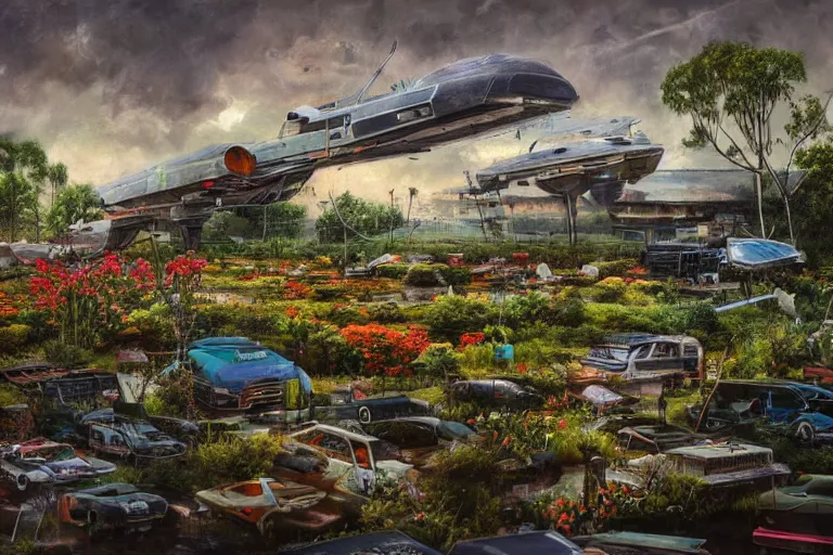 Image similar to hyperrealism, scene from thunderstorm, starship, junkyard, louisiana swamps, orange blooming flowers garden, 8 k, 8 0 s japanese sci - fi books art