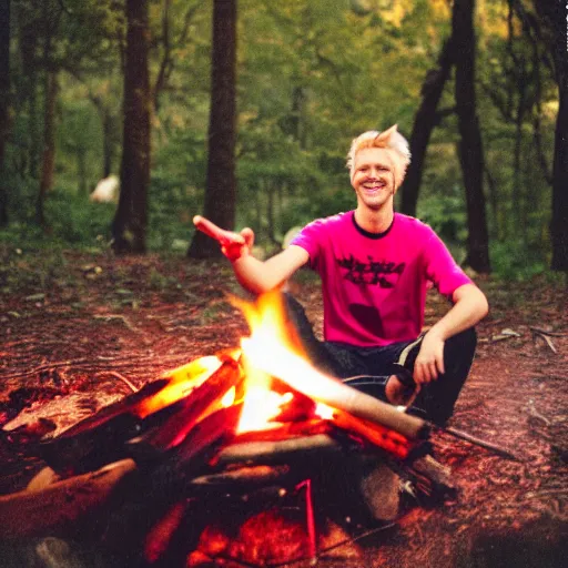Prompt: flash photography polaroid of a young man with blonde hair sitting by a campfire nearby, smiling at the camera, wearing a pink t-shirt, retro 90s photograph, image artifacts