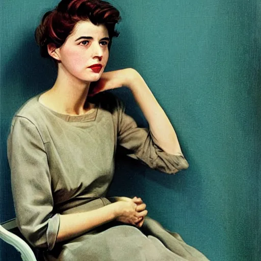 Image similar to “Irène Jacob portrait, color vintage magazine illustration 1950”