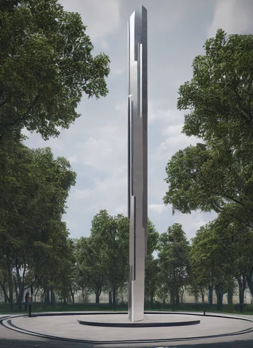 Image similar to highly detailed realistic architecture 3 d render of a futurisctic stele made from silver bars standing in a city park, archdaily, made in unreal engine 4 octane render