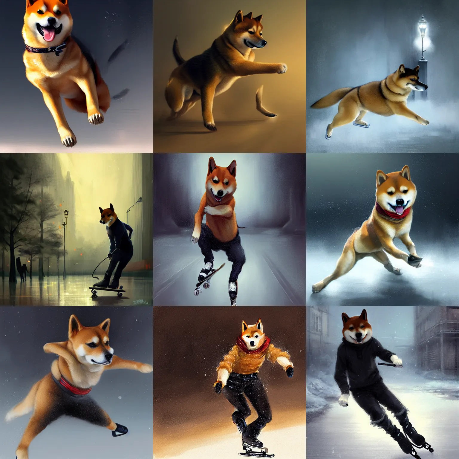 Prompt: A shiba inu man skating,digital art,ultra realistic,ultra detailed,art by greg rutkowski,hyperdetailed,photorealistic,detailed face,cinematic,dramatic,professional lighting,3 point lighting