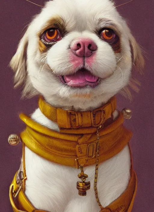 Image similar to portrait of a dwarf Japanese chin dog, highly detailed, centered, solid color background, digital painting, artstation, concept art, smooth, sharp focus, illustration, Jason Edmiston, donato giancola, Joseph Christian Leyendecker, Les Edwards, Ed Repka, WLOP, Artgerm