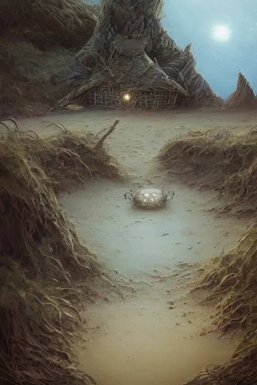 Image similar to wide angle view, a beautiful digital painting of a fairy house made of sand and driftwood on a beautiful coastline, tranquil day, magical, by greg rutkowski, brian froud, marc simonetti, jean - baptiste monge, symmetry, complementary colors, ink illustration, trending on artstation