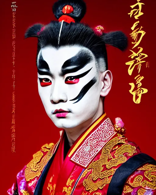 Image similar to photo of a Dramatic Peking Opera male character wearing elaborate makeup with Hindi script words painted on face in the style of stefan kostic, realistic, sharp focus, symmetric, 8k high definition, insanely detailed, intricate, elegant, art by stanley lau and artgerm, William-Adolphe Bouguereau