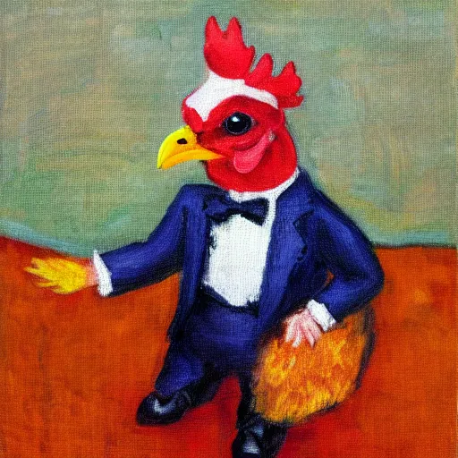 Image similar to a high quality photo of a chicken wearing a suit, impressionism, 8 k