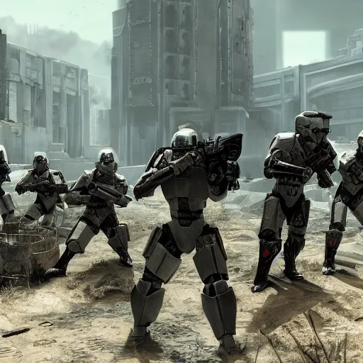 Prompt: three enclave soldiers standing in the foreground, half - life combine, fallout enclave armor, wolfenstein, killzone, deathtrooper, huge spaceship