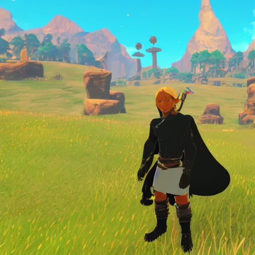 Prompt: a humanoid black goat wizard in breath of the wild, screenshot, sharp, uhd 4 k